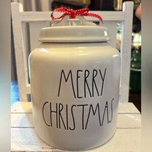 Rae Dunn Merry Christmas Canister- White with Red Ribbon